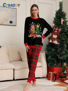 女士新款圣诞睡衣套装（2件套），鹿和圣诞树印花黑色长袖上衣和格子裤，女士新款圣诞睡衣套装，秋冬服装