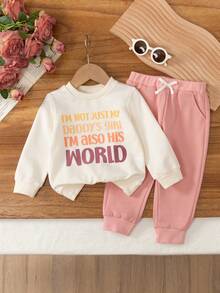 2pcs Baby/Toddler Girls Casual Crew Neck Long Sleeve Letter Print Sweatshirt And Drawstring Pocket Pants Set, Autumn/Winter - Apricot - View 1