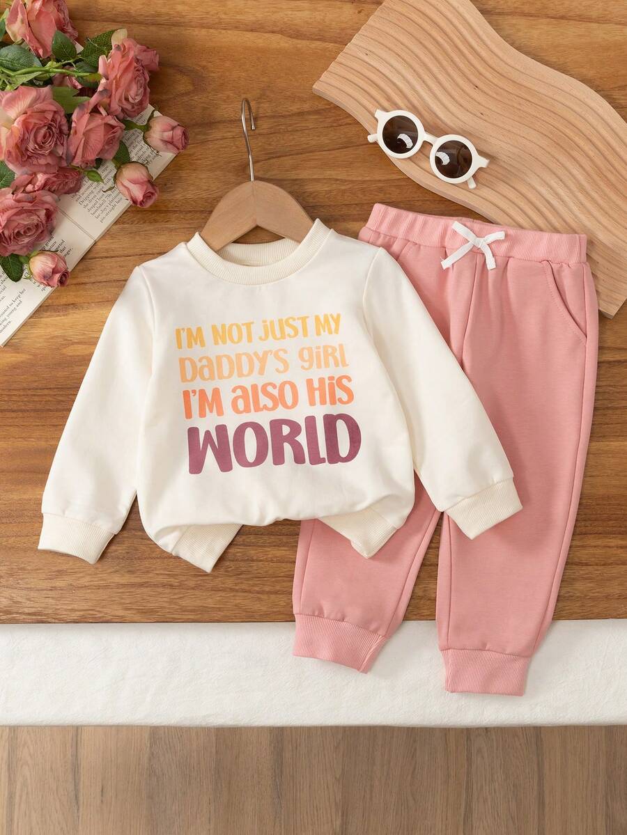 2pcs Baby/Toddler Girls Casual Crew Neck Long Sleeve Letter Print Sweatshirt And Drawstring Pocket Pants Set, Autumn/Winter - Apricot - View 1
