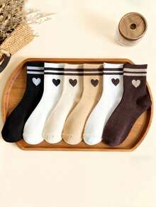 1/6 双装女士卡其色条纹爱心中筒袜 - 简约、舒适、休闲、柔软 - 适合日常穿着、运动和校园风格 - 彩色 - 查看 2