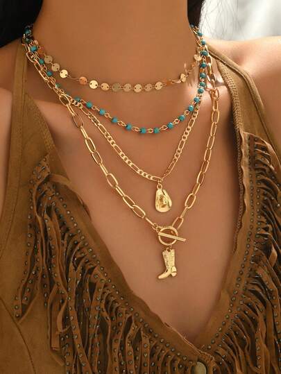 4pcs/Set Vintage Western Cowgirl Style Necklace Set, Gold Tone Handmade Chain With Metal Hat & Boot Charms, Fashion Jewelry Accessories For Women, Suitable For Photo Shooting And Outdoor Travel Wear. The Handmade Chain Is Randomly Cut In Length And Number Of Beads.