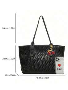 Women's Multifunctional Solid Color Woven Pattern PU Leather Handbag, Minimalist Large Capacity Top Handle Shoulder Bag, Casual Lightweight Commuter Tote Bag, Suitable For Daily Office, Fashionable Waterproof Square Outdoor Travel Shopping Crossbody Bag - Black - View 6