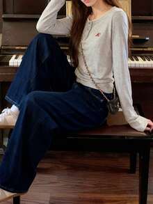 女士字母刺绣纽扣半开襟长袖休闲衬衫 - 淺灰色 - 查看 7