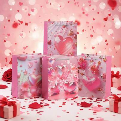 20/10/4个装心形牛皮纸礼品袋，带提手，底部加固 - 适用于婚礼、派对回礼、爱情主题礼物、生日礼物、周年纪念惊喜、可折叠购物袋和派对袋、心形包装袋、派对回礼袋
