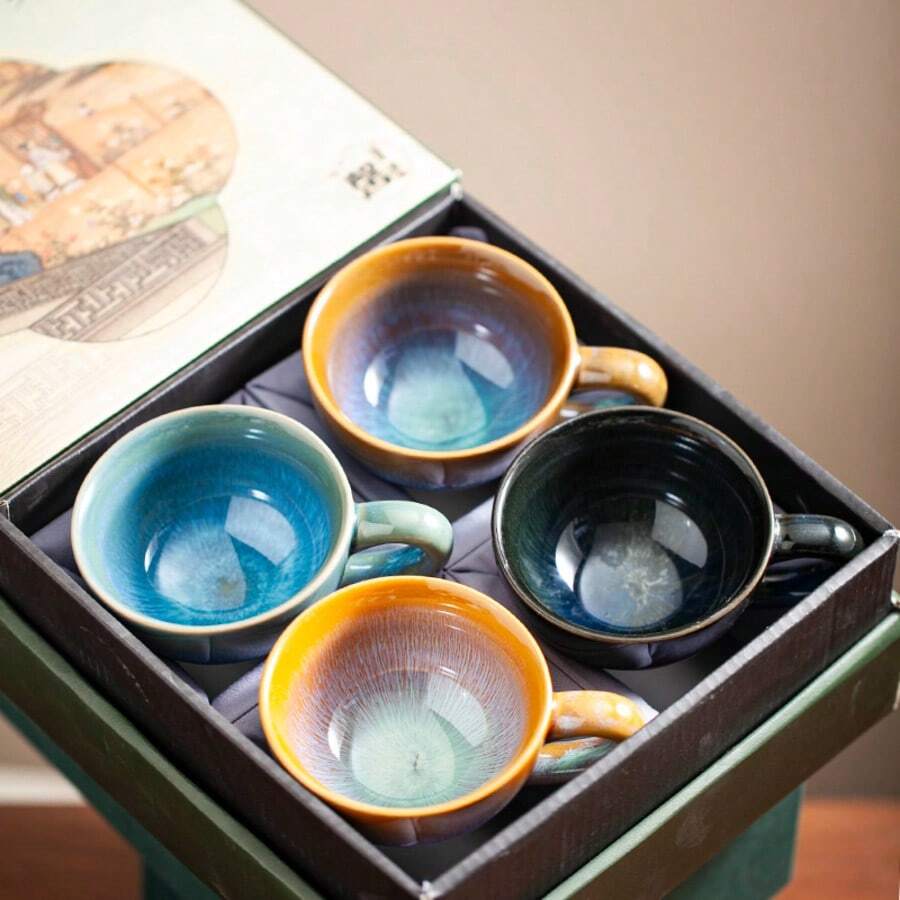 独一无二的手工陶瓷马克杯，釉面开片，质感艺术，适合居家及办公使用，中式健康瓷质咖啡/茶杯，星空图案，用途广泛，可盛装拿铁/卡布奇诺，外观精美。 - 彩色 - 查看 1