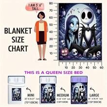 1pc Disney Halloween  Flannel Blanket - Jack Skellington And Sally Pattern, Soft And Warm Small Shawl Suitable For Sofa, Bed, Camping, Office - Comfortable Gift For All Seasons, Halloween, Valentine's Day, Easter, Sofa - Phong cách - Xem 5