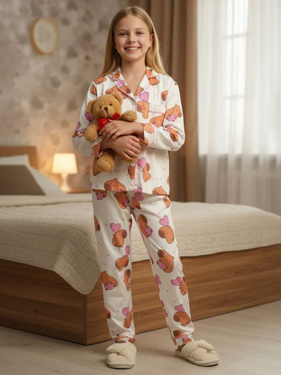 Girls Adorable Teddy Bear Print Pajama Homewear Set For Bedtime & Indoor Activities | 8–12Y - Multicolor - View 1
