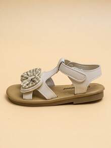 2026 米色复古甜美女童凉鞋，米色柔软PU材质+格子蝴蝶结，浅棕色软底，防滑可调节搭扣，定义女童轻复古艺术风平底凉鞋！ - 杏色 - 查看 3