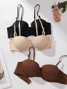 3PCS Women's Underwire Solid Color Bras With Detachable Straps - Multicolor - View 12