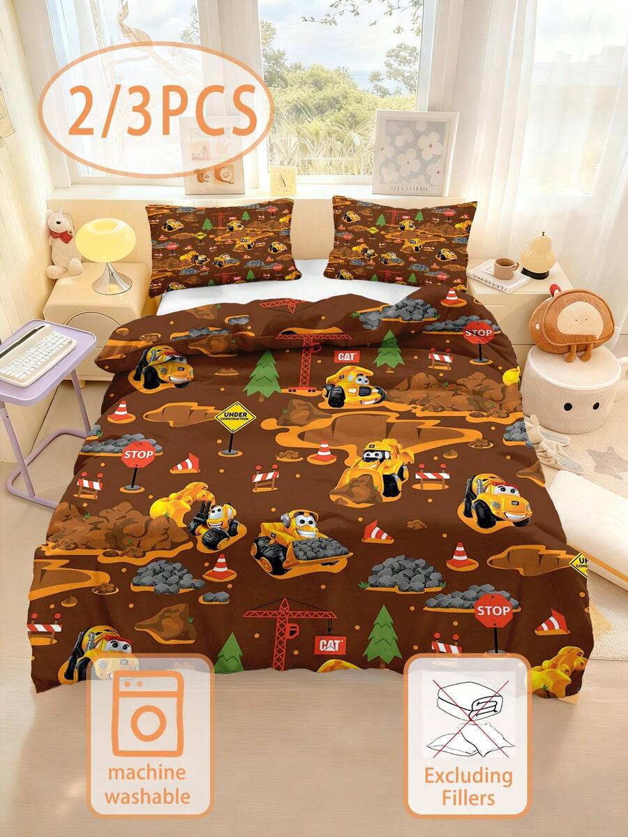 2/3件套儿童黄色挖掘机床上用品套装（1件被套+2件枕套）（不含填充物），100%涤纶，特大号/双人/大号/特大号床品套装，儿童及青少年男孩床上用品套装，儿童礼物，尺寸90*200厘米/135*200厘米/140*210厘米，附赠1个枕套（不含填充物）