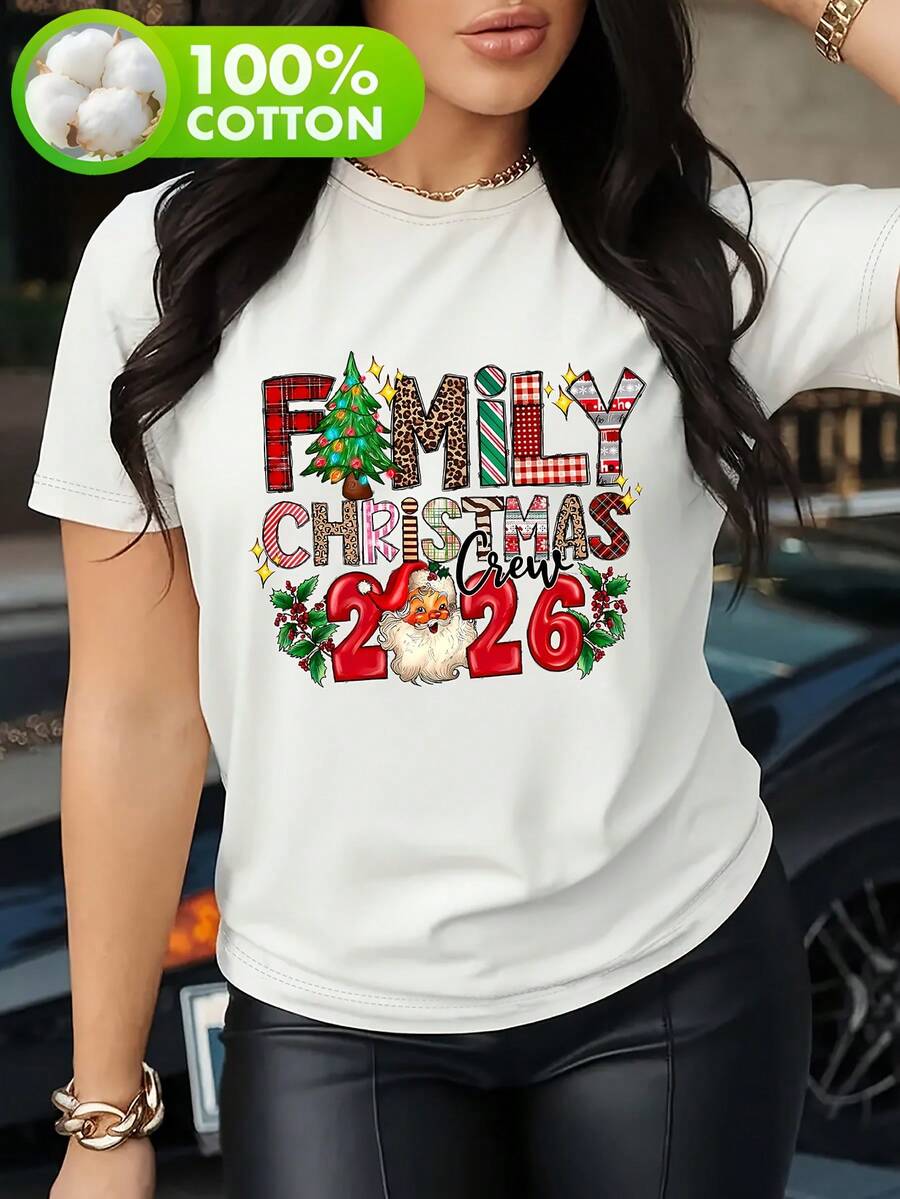 Camiseta de Manga Corta con Elementos Impresos de Navidad para Mujeres, Estilo Familiar de Primavera y Otoño, Escena de Salida Familiar en Fiesta de Navidad - Blanco - Ver 1