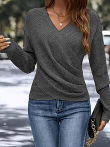 Women's Black Y2K Wrap-Front V-Neck Knit Sweater - Long Sleeve Textured Soft Girl Aesthetic Top, Stretchy Cozy Knitwear For Daily Streetwear & Casual Outfits, Asymmetrical Wrap Design, Ribbed Texture For Chic Vibe, Versatile Match With High-Waisted Jeans & Skirts, Ideal For Leisure Hangouts & Urban Street Style, Comfortable Breathable Fabric, Retro Y2K-Inspired Apparel - Xám - Xem 1