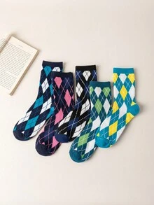 5 Pairs Men's Retro Diamond Geometric Pattern Sports Crew Socks