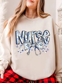 2026 Long Sleeve Tops Women Ladies Round Neck Nurse Bow Sweatshirt Printed Sweatshirt, Long Sleeve Soft Fashion Casual Pullover, Machine Washable, Medium Elasticity, Comfortable Loose Fit Sweater Loose And Comfortable Winter Clothes For Women Plus Size Women Clothes - 卡其色 - 查看 12