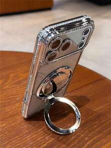 Luxury Rhinestone Lens Protection Plated Anti-Drop Phone Case With Shiny Sequin Makeup Mirror Ring Holder, Compatible With IPhone 17 Pro Max, 17 Pro, 17, 16 Pro Max, 15, 14 Plus, 13, 12 Pro Max, 11, 17 Air, Galaxy, OPPO, Honor, Redmi, Note, Infinix And More, High-Quality Shock-Proof Frame Back Cover - Silver - View 5