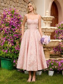 女士优雅提花面料无肩带荷叶边高腰露背系带A字中长连衣裙，适合舞会、生日派对、正式晚宴、返校节、婚礼宾客、鸡尾酒会、家庭聚会等场合。 - 淺粉色 - 查看 6