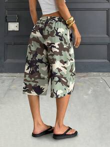 女式针织百慕大短裤，带抽绳，迷彩印花，无弹力，休闲风格 - 彩色 - 查看 5