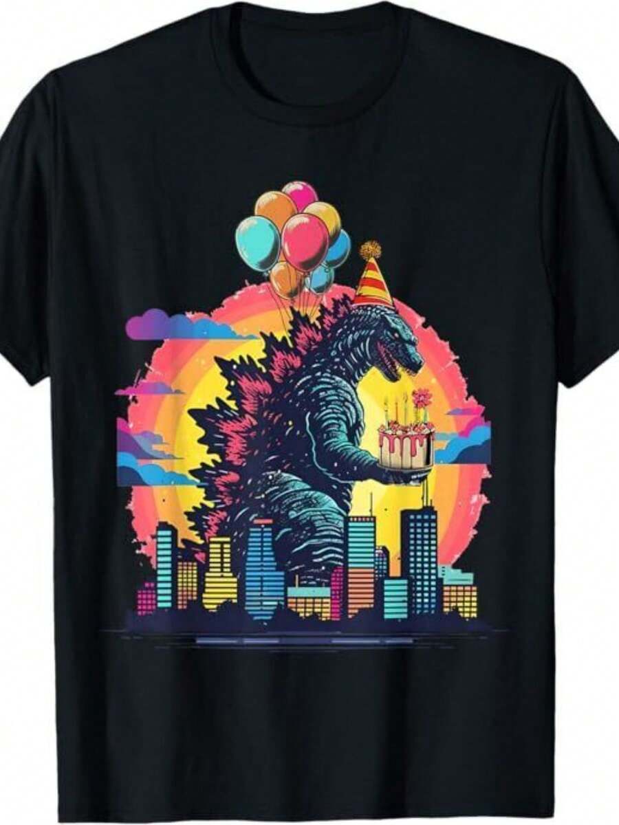 Kaiju Birthday Balloon & Cake Monster Movie Bday Dration T-Shirt - 黑色 - 查看 1