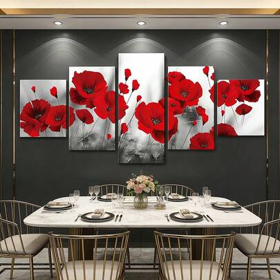 Red Floral Wall Hangings 5pcs Set Of Wooden Framed Canvas Art - Vibrant Red Floral Design,Valentine's Day Gift,Perfect For Living Room, Bedroom, Office & Bar Decor | Waterproof & Odorless Wall Hangings