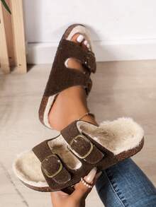 Pantofole casual da donna per autunno/inverno, con fodera termica morbida e calda, chiusura regolabile con doppia fibbia, adatte per uso interno ed esterno - Castano - Visualizzare 3