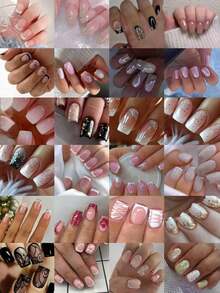 24pcs/Set Medium Square Shiny Colored French Manicure Nail Stickers, Containing Glter, Full Coverage Acrylic False Nails, Inclus 1pc Jelly Gel And 1pc Nail File, Suable For Women And S For Daily Work, Study And Garings - Multicolor 14 - View 12