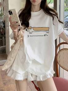 Japanese Style Women Loose Casual Round Neck Versatile Cartoon Dachshund Print Short Sleeve T-Shirt, Spring/Summer - White - View 2