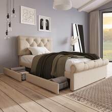 (=111297AAN) Single Upholstered Bed 90x200cm, Bed Frame With 2 Drawers And Height-Adjustable Headboard, Chesterfield Functional Bed, Natural, With Mattress - Beige - View 11
