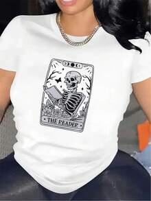 Damen Tarotkartenleser T-Shirt - Schwarzes Kurzarmshirt mit weißem Druck, mit Tarotkartenleser und Kartensymbolen, leicht, geeignet für Freizeit und Tarotveranstaltungen, Hexenstil Outfit, maschinenwaschbar (nicht chemisch reinigen) - Schwarz - Übersicht 6