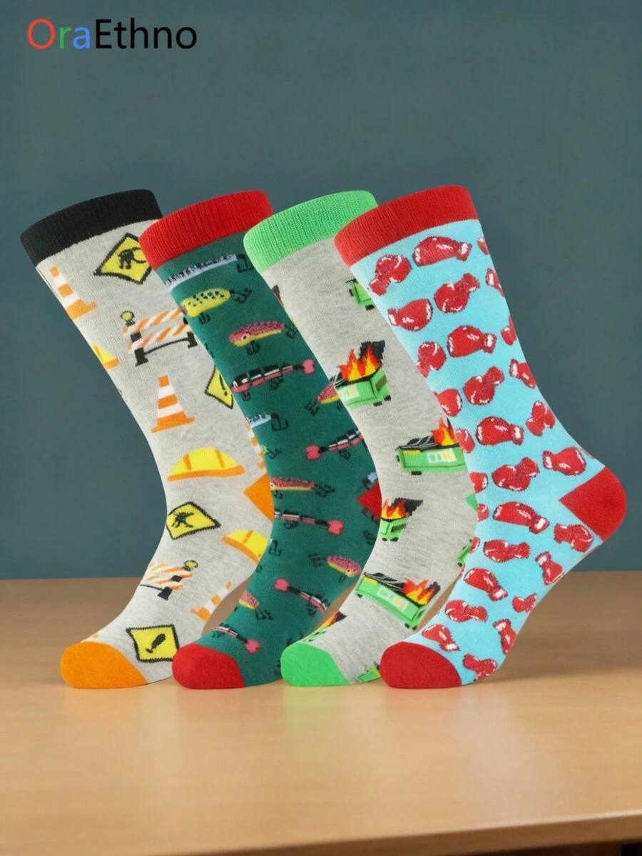 1 par de calentadores de pierna de media pantorrilla con diseño unisex de elementos de construcción y boxeo, calentadores de pierna casuales de moda, gran regalo para entusiastas de los pasatiempos - Multicolor - Ver 1