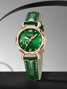 9pcs Women's Green PU Leather Strap, Fashionable & Elegant, Heart-Shaped Small Dial Quartz Watch Bracelet Necklace Earrings Ring Jewelry Set, Suitable For Daily Wear, Party Decoration Or Holiday Gift - Green - View 2