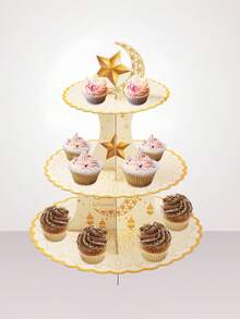 三层开斋节主题纸杯蛋糕架，简约可折叠设计，适合摆放纸杯蛋糕、甜点、节日美食拼盘 - 彩色 - 查看 5