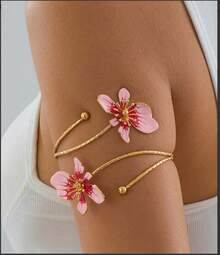 1pc Hollow Minimalist Women Bracelet, Gold Tone Open Arm Cuff With Pink Enamel Flower Detail, Adjustable Upper Arm Bangle For Daily Wear, Summer Beach Outfits, Parties, Vacations And Gift Ideas - Vàng hồng - Xem 10