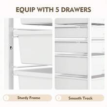 Utility Cart With 5 Drawers,Storage Drawer Cart With Wooden Tabletop And Lockable Wheels,Craft Storage Trolley Cart,5-Tier Rolling Utility Cart On Wheels,Bright White, Dark Brown, Dark Grey, Green, Macaron, Purple, Rainbow, Rose Pink - 白色 - 查看 3