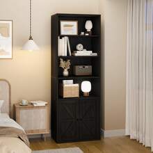 Librería industrial grande de 180 cm de alto con puertas, estilo rústico independiente con estantes de almacenamiento, ideal para sala de estar, dormitorio y oficina, color negro. - Negro - Ver 2