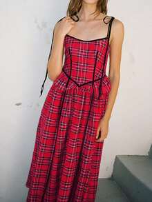 Women Summer Plaid Midi Cami Dress Backless Spaghetti Strap Ruffle Long Elegant Dress - 紅色 - 查看 4
