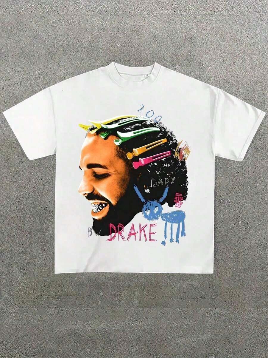 Drake - Themed Artistic Printed T-Shirt With Hair Clips Casual Soft Short Sleeve Pure Cotton 220gsm T-Shirt - 黑色 6 - 查看 1