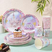 公主城堡一次性餐具套装，包含7/9英寸纸盘和纸杯，适用于生日派对、节日、聚会、野餐、庆典、婚礼茶会、毕业典礼等场合。 - 彩色 - 查看 1
