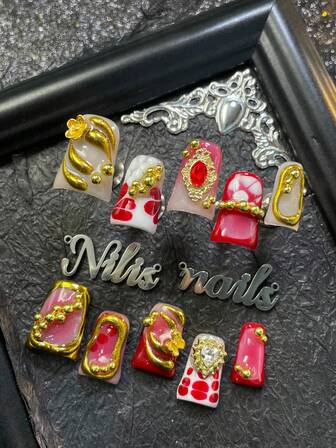 10pcs Short Duck Nail Acrylic Kit,Red&White Nail Art,Pink Tie Dye Design, White&Red French, Decoration Music FestivalNordic Full Coverage Patch Nail Set,3D Steel Ball&Nail Gem&Flower Nail Accessories Decoration,Y2K Full Coverage Falsenail Set