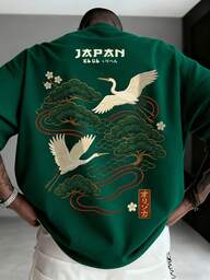 Men's Casual Versatile Simple Japanese Crane Print Short Sleeve T-Shirt