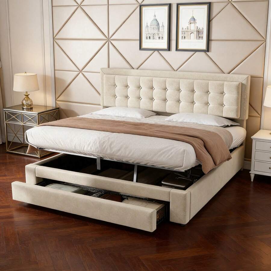 Bed Frames - Beige + Velvet + 180cm*200cm - View 1