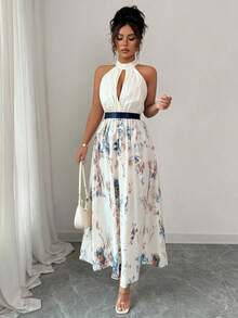 1pc Elegant Woven Fabric Pleated Dress, Suitable For Vacation, Daily Wear, Beach, All Seasons - Blue and White - View 1