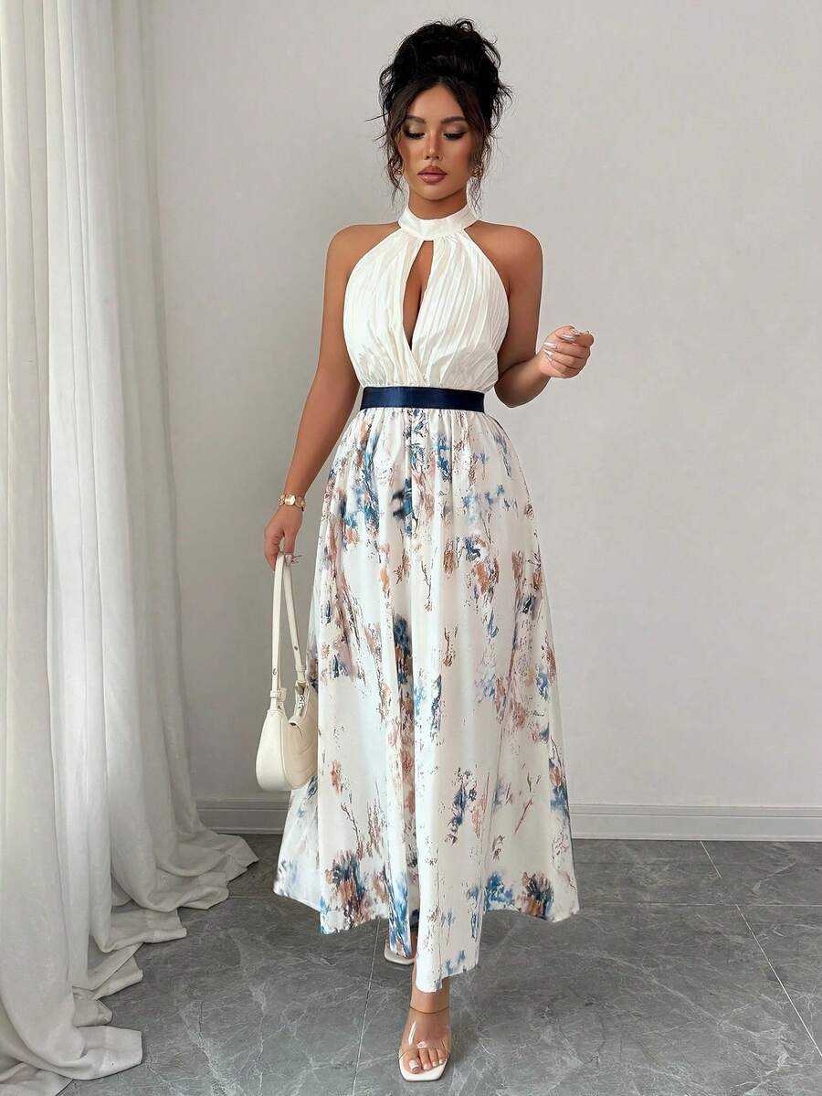 1pc Elegant Woven Fabric Pleated Dress, Suitable For Vacation, Daily Wear, Beach, All Seasons - Blue and White - View 1