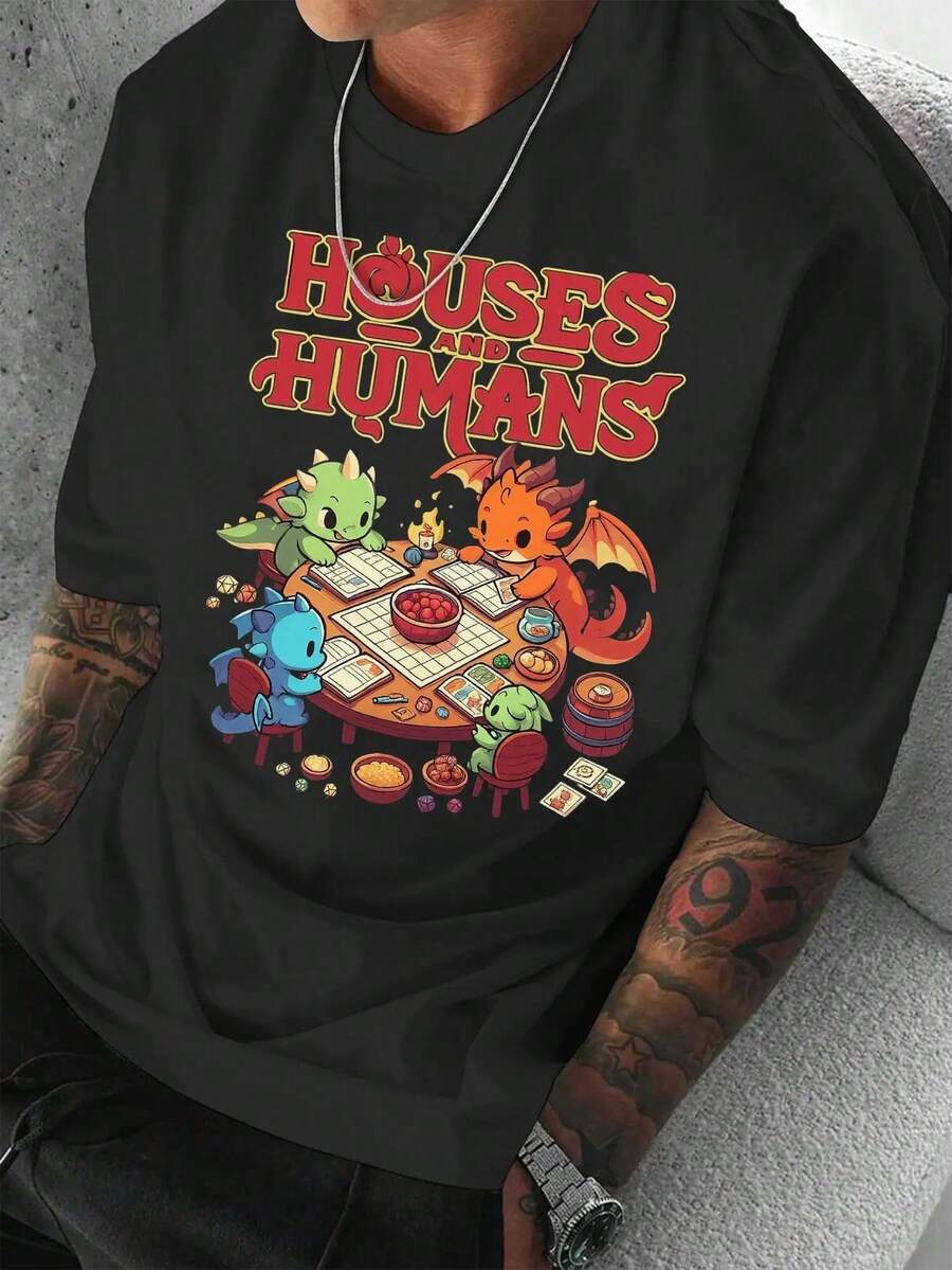 Fashion TrendPure Cotton Suitable For All Seasons Men's Outdoor Style Casual Short Sleeve T-Shirt With Little Dragon Cozy Wooden House Pattern And Letter Print Daily Leisure Wear, Loose And Comfortable - 黑色 - 查看 1