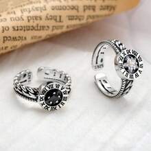 Anillo abierto de cadena retro vintage coreana de plata lisa con pentagrama romano y zirconia - Plata tailandesa envejecida vintage y piedra blanca - Ver 5