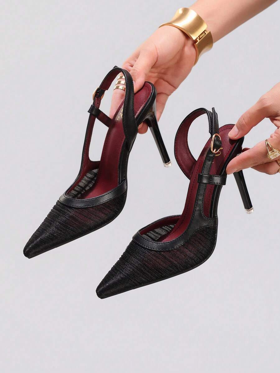 女士蕾丝拼接黑色高跟鞋，性感尖头晚宴派对鞋，镂空透气时尚细高跟鞋，红底高跟鞋 - 黑色 - 查看 1