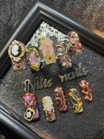 10件套方形亚克力美甲套装，包含紫色、红色、杏色美甲图案、紫色猫眼、红色法式美甲、3D珠子、彩色宝石、相框、星光、花朵美甲装饰、Y2K风格美甲套装、手工铬粉几何图案，适合女性和女孩，是假日、日常、工作、派对的理想之选（包含1片果冻凝胶和1块抛光块），也是送给所有女孩的绝佳礼物。