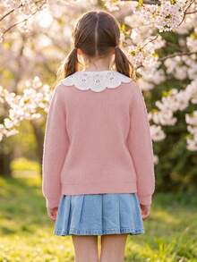 Tween Girl Knit Cardigan With Embroidered Floral Trim - Pink - View 5