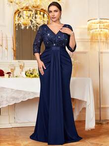 加大码V领亮片花卉蕾丝七分袖撞色褶皱垂褶前摆鱼尾正式派对礼服，春季连衣裙，婚礼宾客礼服，生日、舞会、毕业典礼、节日等场合适用 - 藏蓝色 - 查看 1