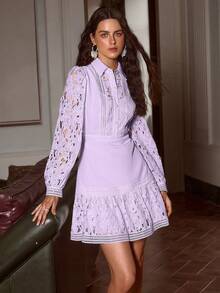 Women's Minimalist Solid Color Lace Patchwork Front Button Closure Dress, Spring/Summer - Purple - View 7