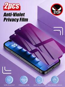 2pcs Purple Light Anti-Spy Tempered Glass Screen Protector, Seamless Full Coverage, Smooth Edges, Bare Screen Touch Feedback, Silky Touch, Anti-Scratch, Hydrophobic & Oleophobic Coating, Privacy Protection, Compatible With Phone 11/12/13/14 Pro Max/15 Pro Max/16/16 Plus/16 Pro/16 Pro Max/16e/17/17 Air/17 Pro/17 Pro Max Series - Purple - View 35